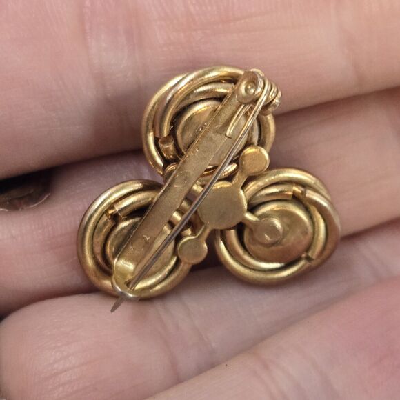 Antique Gold Filled Twist Love Knot Three Greeb Rhinestones C Clasp Brooch Pin - Picture 4 of 5